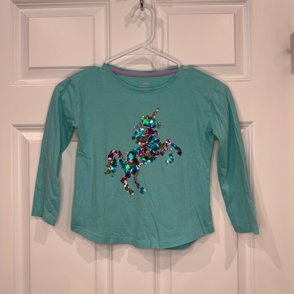 Sonoma Kids Girls Teal Sequin Unicorn Long Sleeve Graphic Tee Shirt Size 6